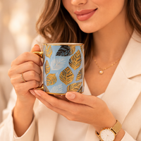 Cuire Floral Golden Ceramic Coffee Mug | Mug for Him & Her | Perfect for Gifting | 370ml (Set of 1)