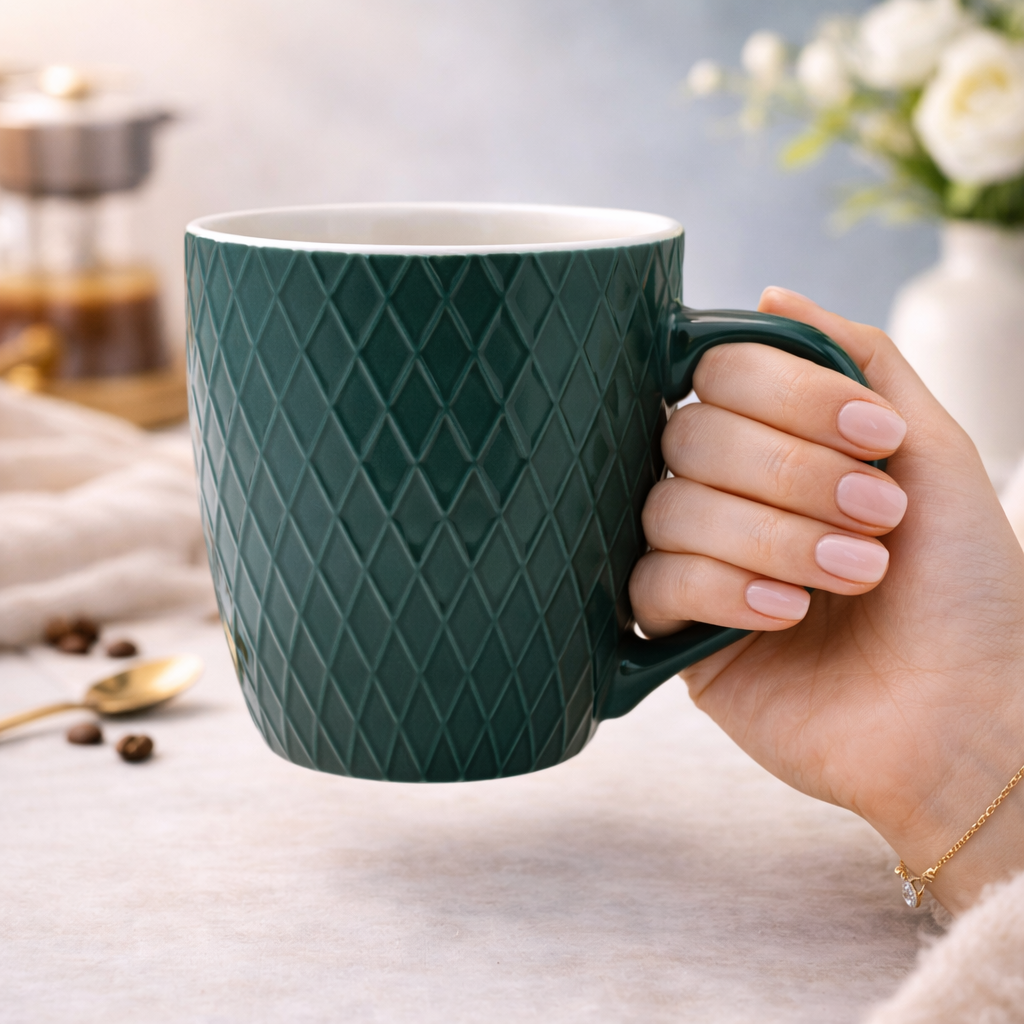 Cuire Diamond Pattern Teal Green Ceramic Coffee Mug | Mug for Him & Her | Perfect for Gifting | 400ml (Set of 1)