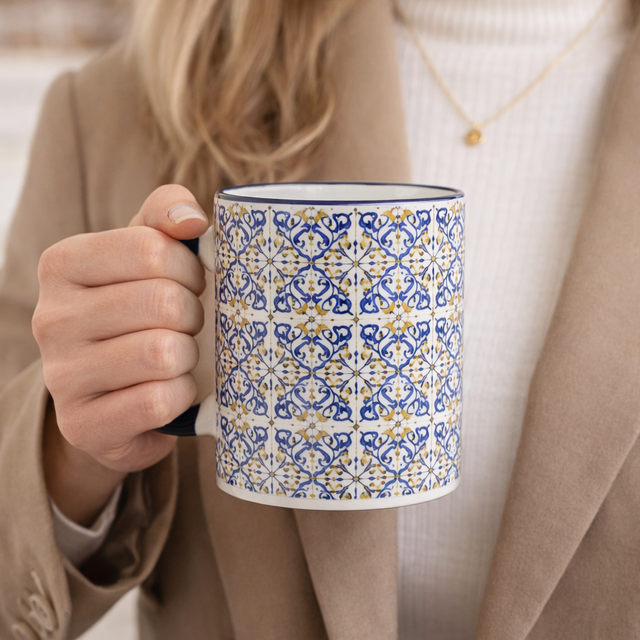 Cuire Blue Patterned Ceramic Coffee Mug | Mug for Him & Her | Perfect for Gifting | 370ml (Set of 1)