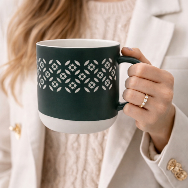 Cuire Dark Green Floral Ceramic Coffee Mug | Mug for Him & Her | Perfect for Gifting | 365ml (Set of 1)