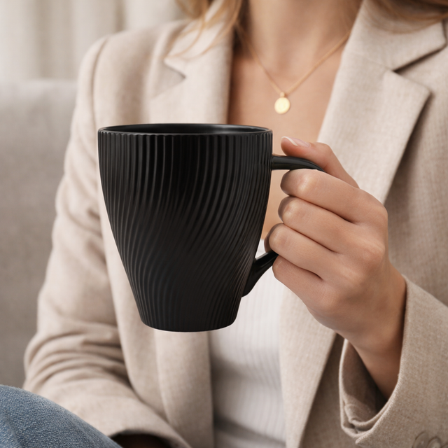Cuire Black Ribbed Ceramic Coffee Mug | Mug for Him & Her | Perfect for Gifting | 360ml (Set of 1)