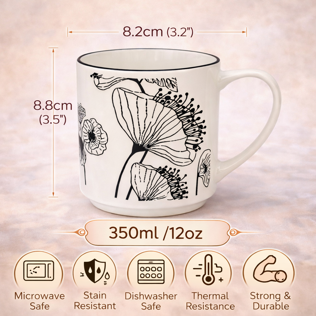 Cuire Floral Black & White Ceramic Coffee Mug | Mug for Him & Her | Perfect for Gifting | 350ml (Set of 1)
