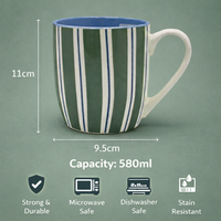 Cuire Stripped White Ceramic Coffee Mug | Mug for Him & Her | Perfect for Gifting | 580ml (Set of 1)