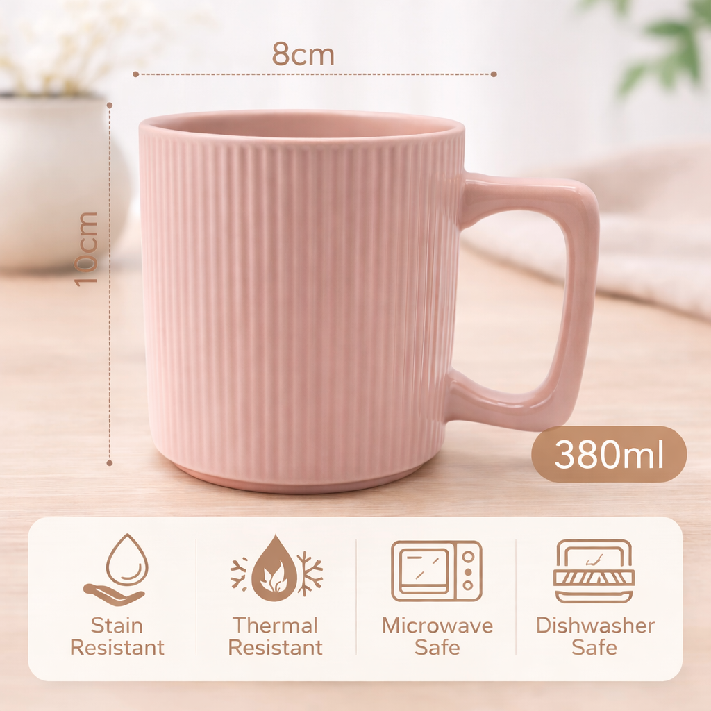 Cuire Ribbed Pink Ceramic Coffee Mug | Mug for Him & Her | Perfect for Gifting | 380ml (Set of 1)