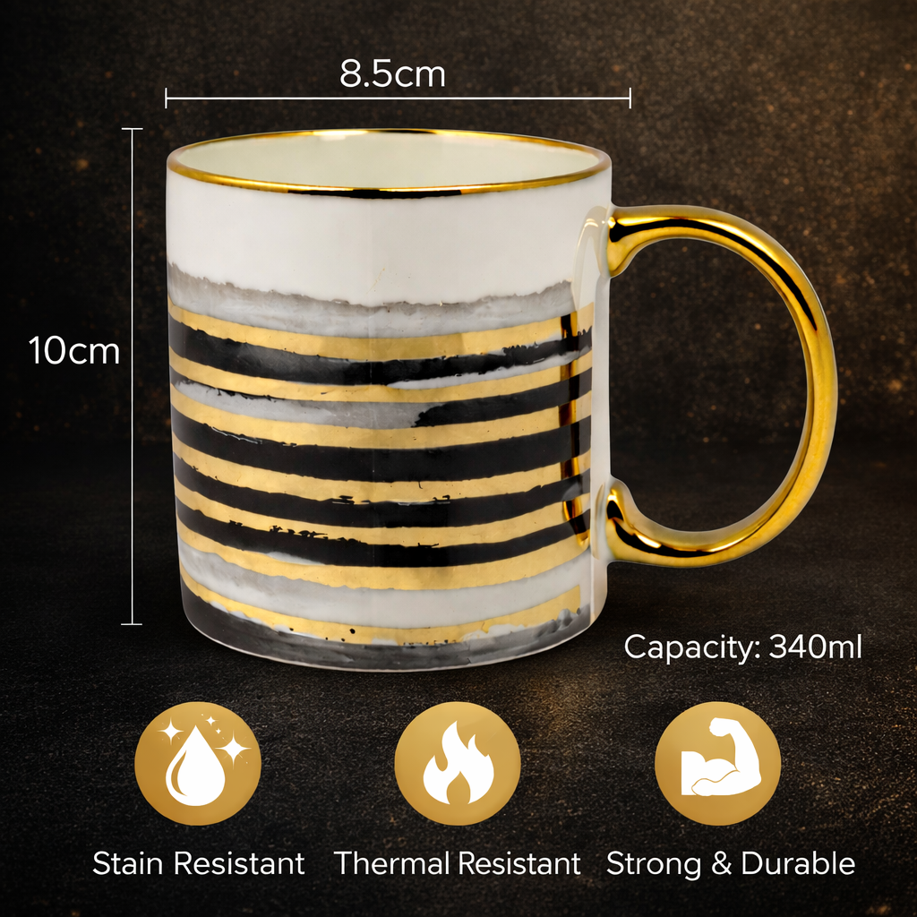 Cuire Azure Gold Waves Ceramic Coffee Mug 340ml | Blue Watercolor Design with Gold Handle & Rim | Stain Resistant, Thermal Resistant | Strong & Durable Tea & Coffee Cup (Black with Golden Stripes)