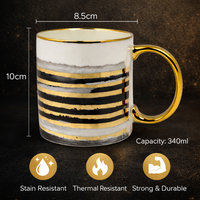 Cuire Azure Gold Waves Ceramic Coffee Mug 340ml | Blue Watercolor Design with Gold Handle & Rim | Stain Resistant, Thermal Resistant | Strong & Durable Tea & Coffee Cup (Black with Golden Stripes)