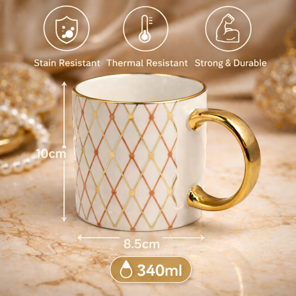 Cuire Aurora Luxe Gold Handle Coffee Mug – Premium Designer Ceramic Mug with Elegant Blush Lattice Pattern, 340ml Capacity | Perfect for Coffee, Tea & Gifting (Golden Pink)