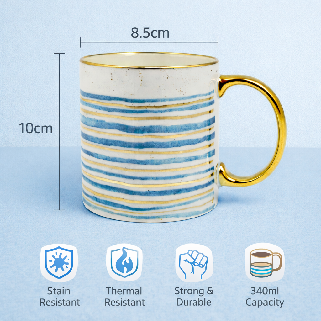 Cuire Azure Gold Waves Ceramic Coffee Mug 340ml | Blue Watercolor Design with Gold Handle & Rim | Stain Resistant, Thermal Resistant | Strong & Durable Tea & Coffee Cup (Blue with Golden Stripes)
