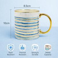 Cuire Azure Gold Waves Ceramic Coffee Mug 340ml | Blue Watercolor Design with Gold Handle & Rim | Stain Resistant, Thermal Resistant | Strong & Durable Tea & Coffee Cup (Blue with Golden Stripes)