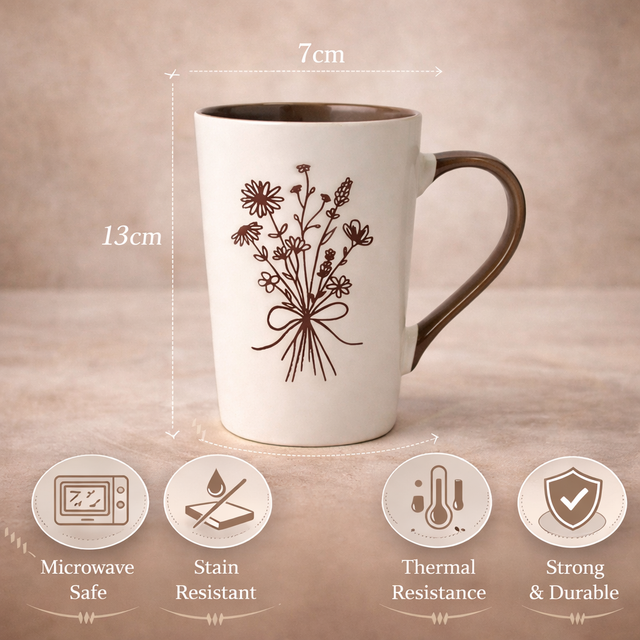 Cuire Brown Coloured Floral Embossed Ceramic Coffee Mug | Mug for Him & Her | Perfect for Gifting | 320ml (Set of 1)