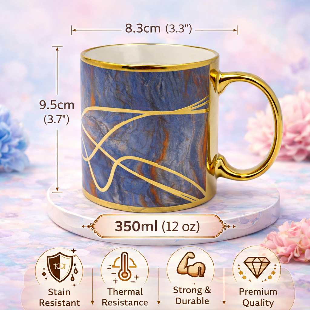 Cuire Deep Blue and Golden Veins Design Ceramic Coffee Mug | Mug for Him & Her | Perfect for Gifting | 340ml (Set of 1)