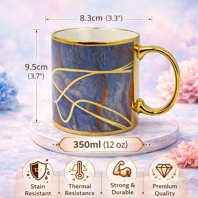 Cuire Deep Blue and Golden Veins Design Ceramic Coffee Mug | Mug for Him & Her | Perfect for Gifting | 340ml (Set of 1)