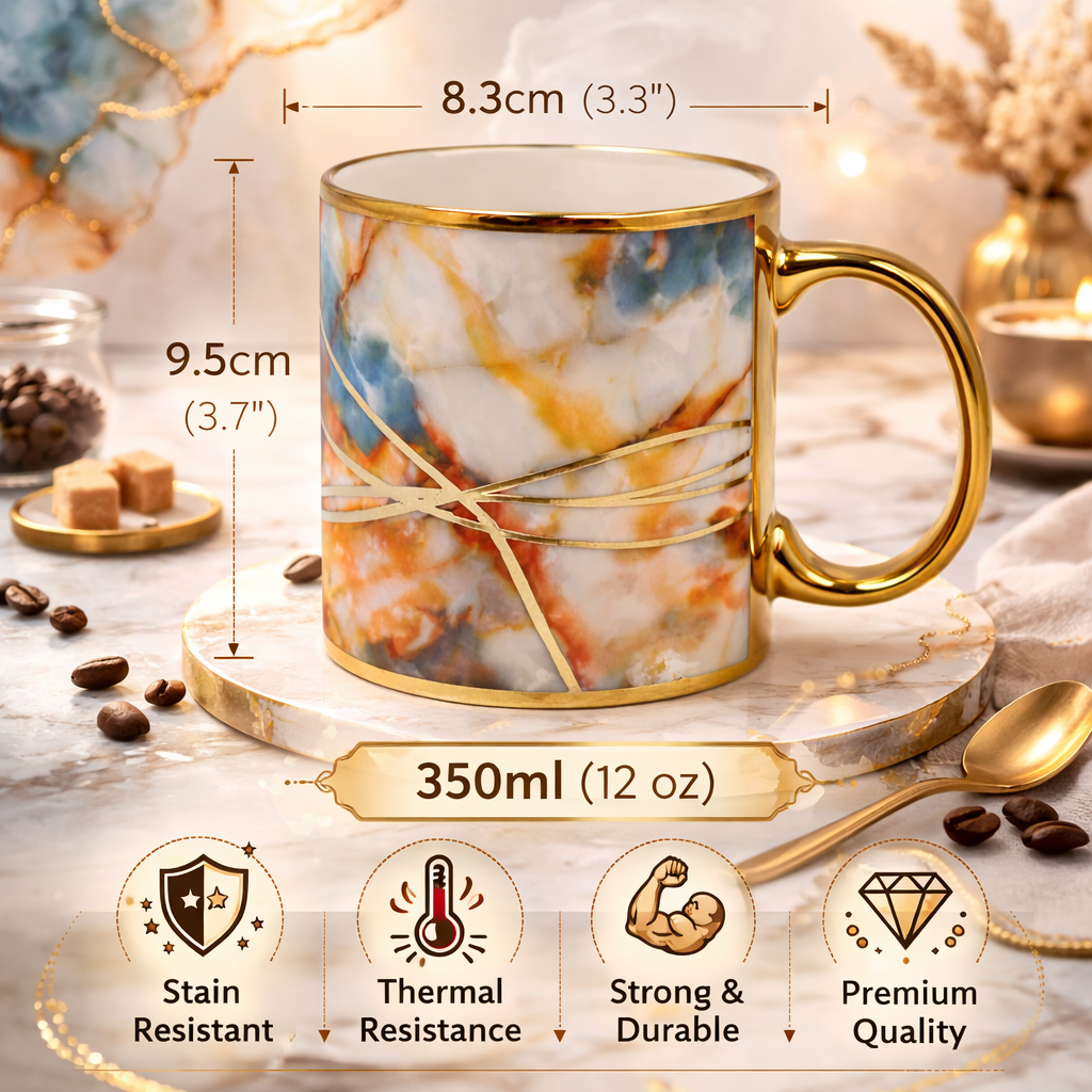 Cuire Coral and Golden Veins Design Ceramic Coffee Mug | Mug for Him & Her | Perfect for Gifting | 340ml (Set of 1)