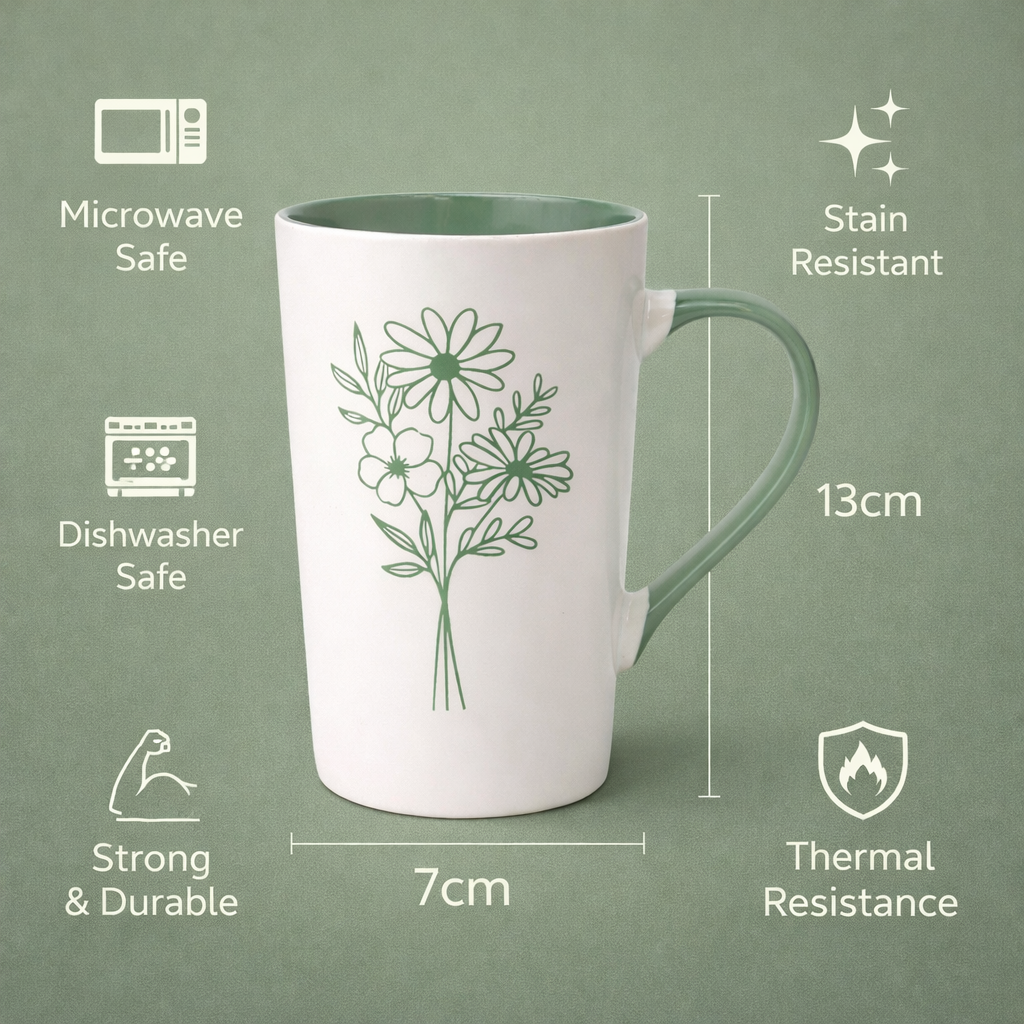 Cuire Green Coloured Floral Embossed Ceramic Coffee Mug | Mug for Him & Her | Perfect for Gifting | 320ml (Set of 1)