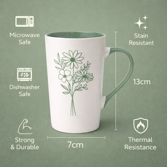 Cuire Green Coloured Floral Embossed Ceramic Coffee Mug | Mug for Him & Her | Perfect for Gifting | 320ml (Set of 1)