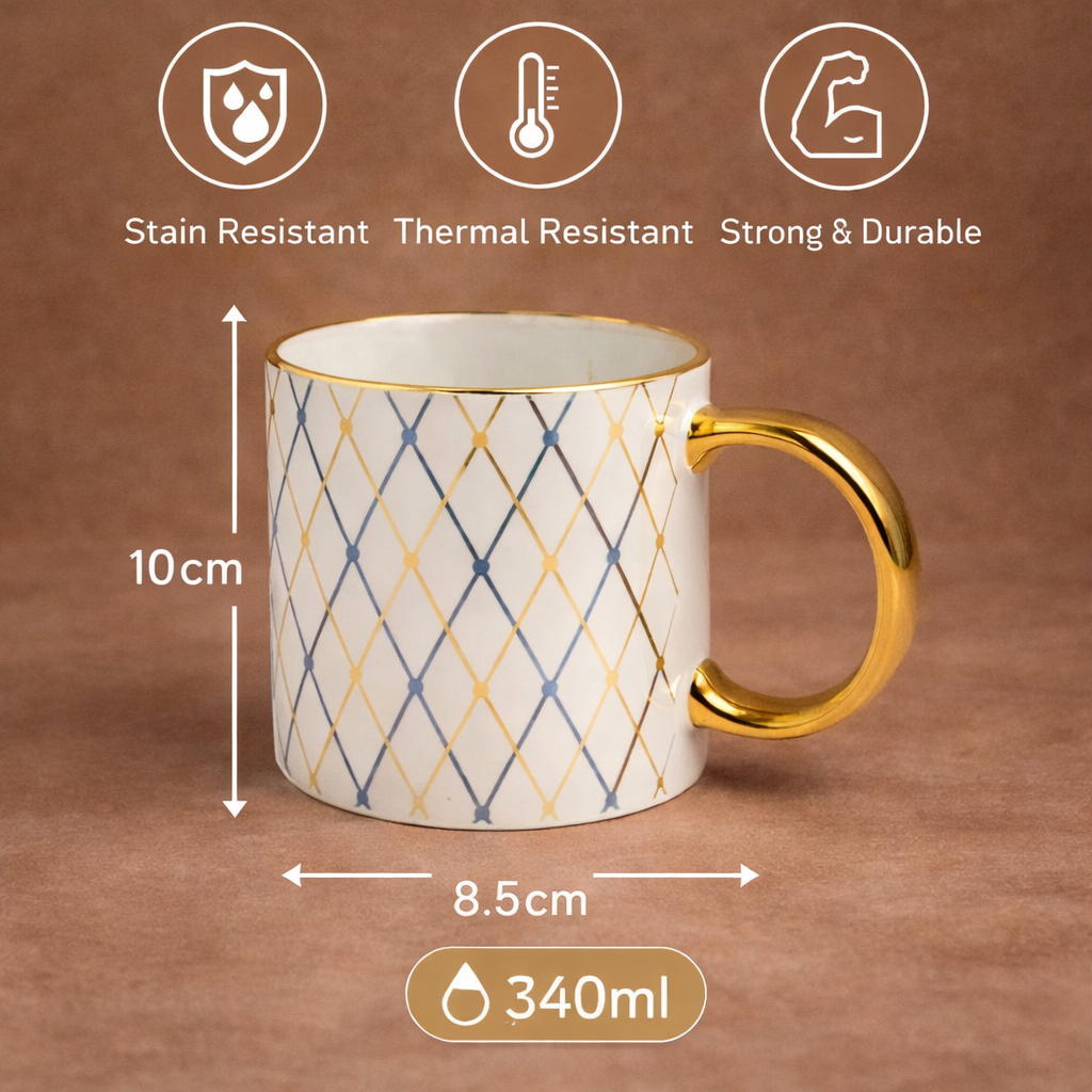 Cuire Aurora Luxe Gold Handle Coffee Mug – Premium Designer Ceramic Mug with Elegant Blush Lattice Pattern, 340ml Capacity | Perfect for Coffee, Tea & Gifting (Golden Navy Blue)