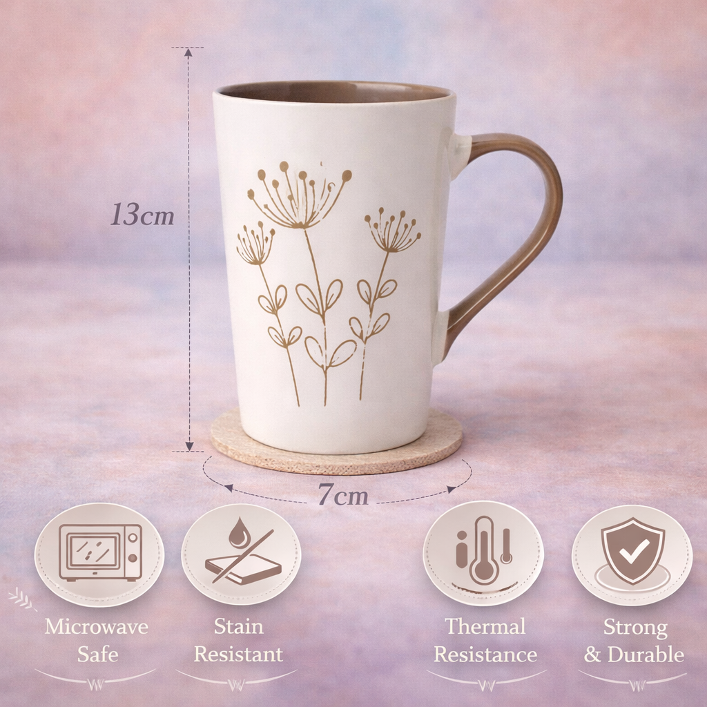 Cuire Beige Coloured Floral Embossed Ceramic Coffee Mug | Mug for Him & Her | Perfect for Gifting | 320ml (Set of 1)