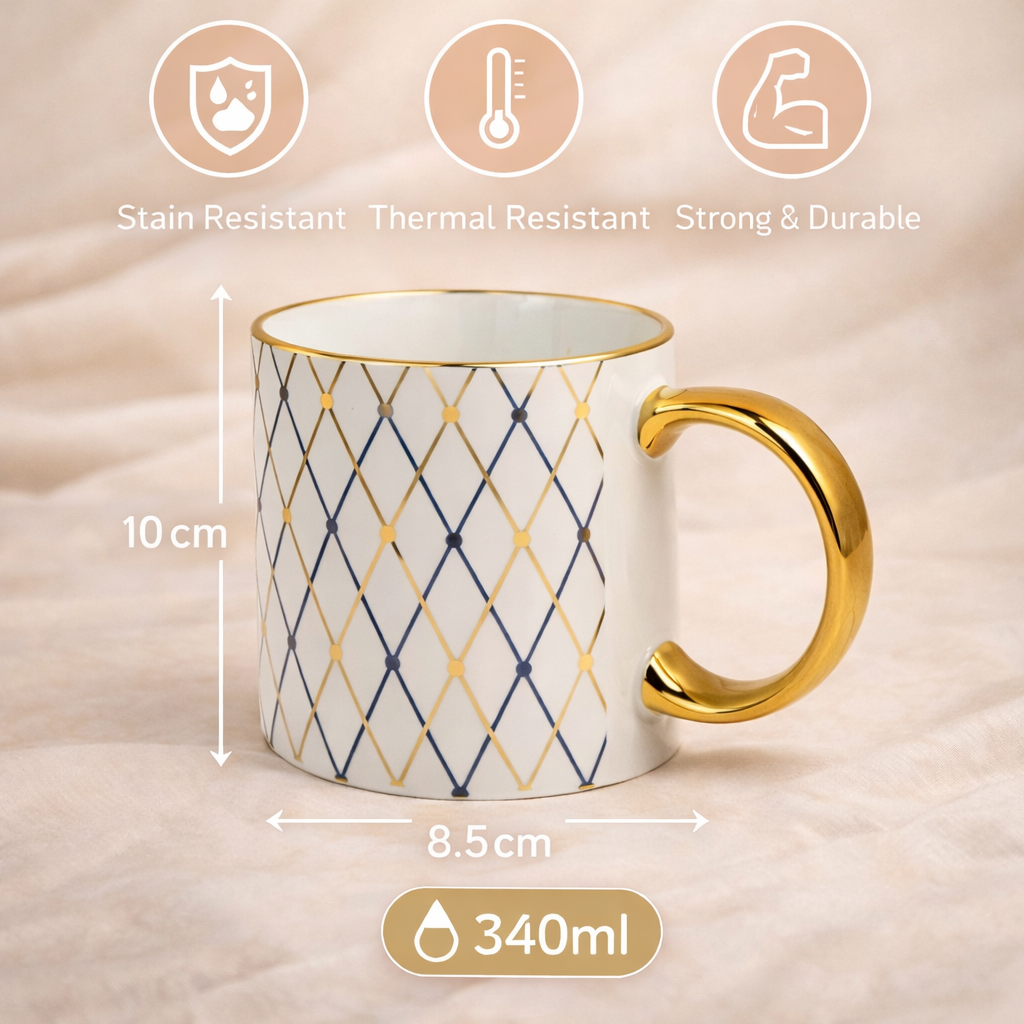 Cuire Royal Blue and Golden Diamond Pattern Ceramic Coffee Mug | Mug for Him & Her | Perfect for Gifting | 340ml (Set of 1)