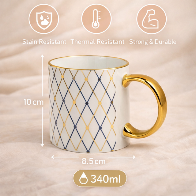 Cuire Royal Blue and Golden Diamond Pattern Ceramic Coffee Mug | Mug for Him & Her | Perfect for Gifting | 340ml (Set of 1)