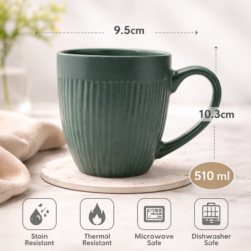 Cuire Ribbed Green Coloured Coffee Mug | Mug for Him & Her | Perfect for Gifting | 510ml (Set of 1)