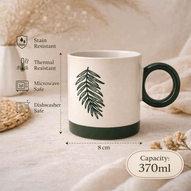 Cuire Green Fern Ceramic Coffee Mug | Mug for Him & Her | Perfect for Gifting | 370ml (Set of 1)
