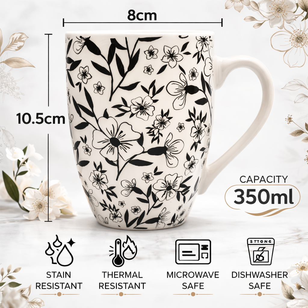 Cuire Black & White Floral Ceramic Coffee Mug | Mug for Him & Her | Perfect for Gifting | 350ml (Set of 1)