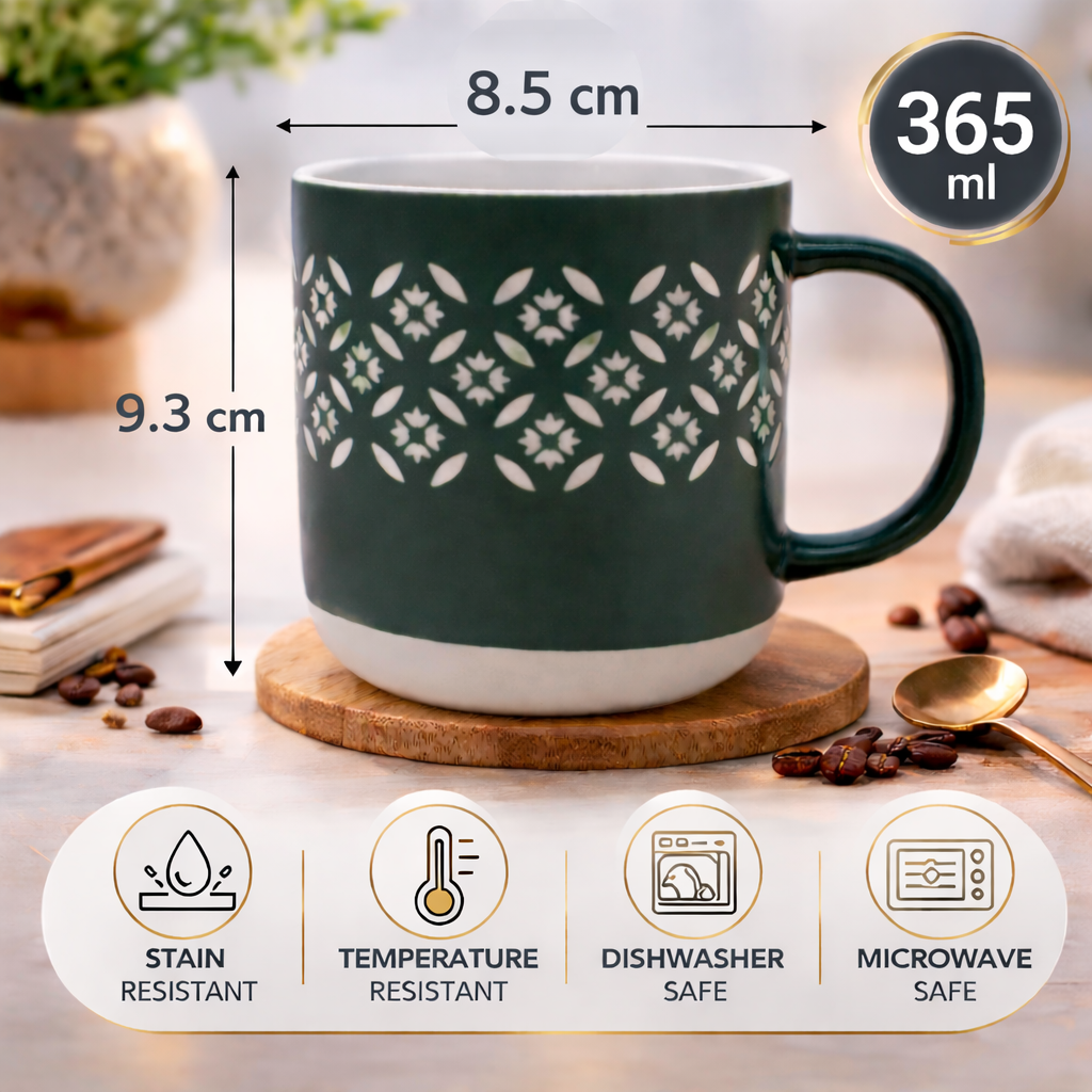 Cuire Dark Green Floral Ceramic Coffee Mug | Mug for Him & Her | Perfect for Gifting | 365ml (Set of 1)