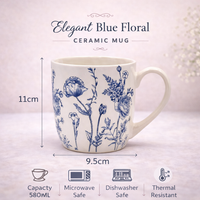 Cuire Floral Blue & White Ceramic Coffee Mug | Mug for Him & Her | Perfect for Gifting | 580ml (Set of 1)