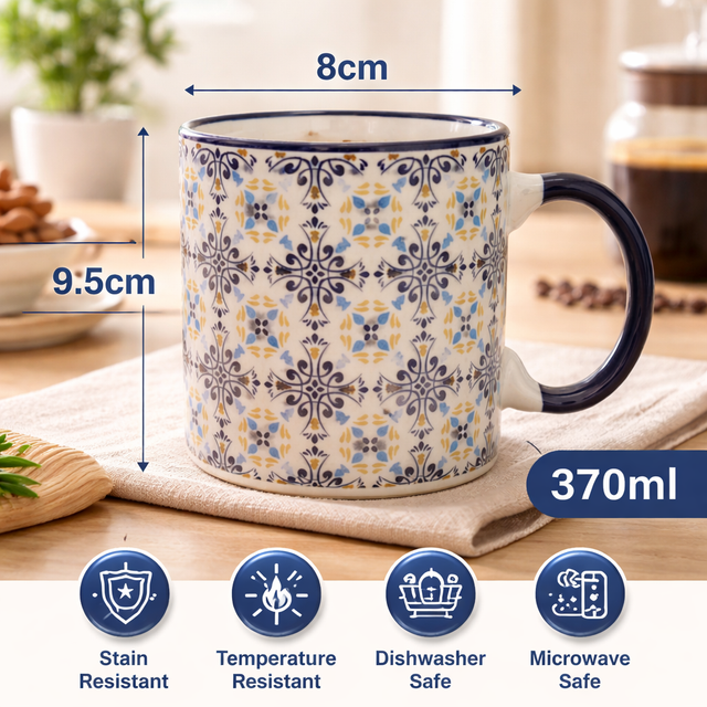 Cuire Blue Patterned Ceramic Coffee Mug | Mug for Him & Her | Perfect for Gifting | 370ml (Set of 1)
