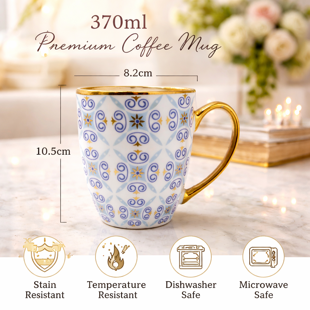 Cuire Blue and Golden Pattern Premium Coffee Mug | Mug for Him & Her | Perfect for Gifting | 370ml (Set of 1)