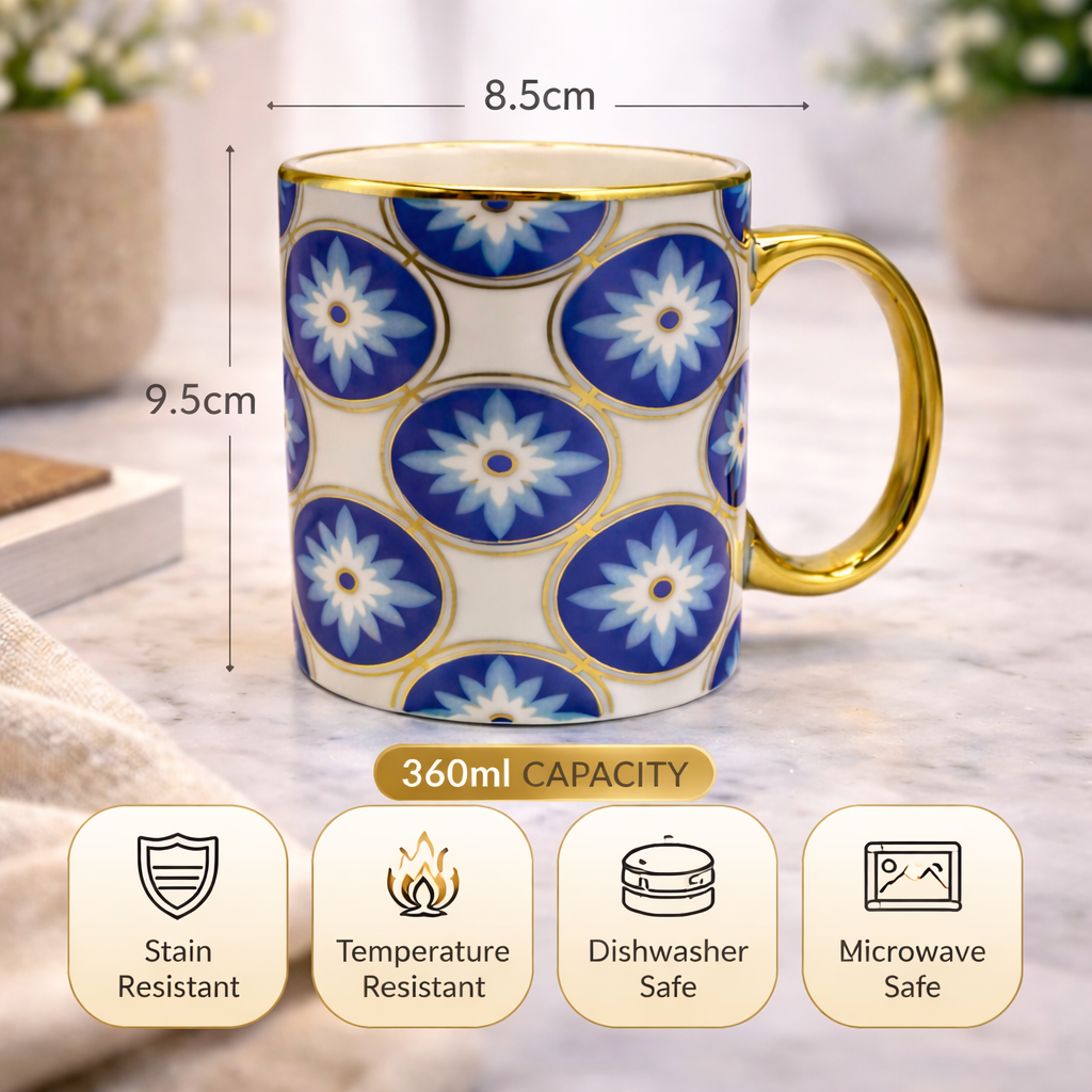Cuire Golden Blue Floral Ceramic Coffee Mug | Mug for Him & Her | Perfect for Gifting | 360ml (Set of 1)