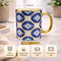 Cuire Golden Blue Floral Ceramic Coffee Mug | Mug for Him & Her | Perfect for Gifting | 360ml (Set of 1)
