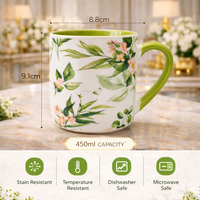 Cuire Green Floral Ceramic Coffee Mug | Mug for Him & Her | Perfect for Gifting | 450ml (Set of 1)