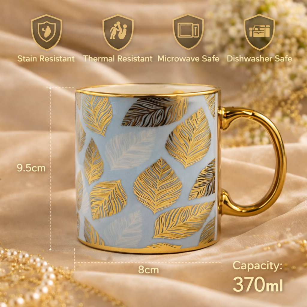 Cuire Floral Golden Ceramic Coffee Mug | Mug for Him & Her | Perfect for Gifting | 370ml (Set of 1)
