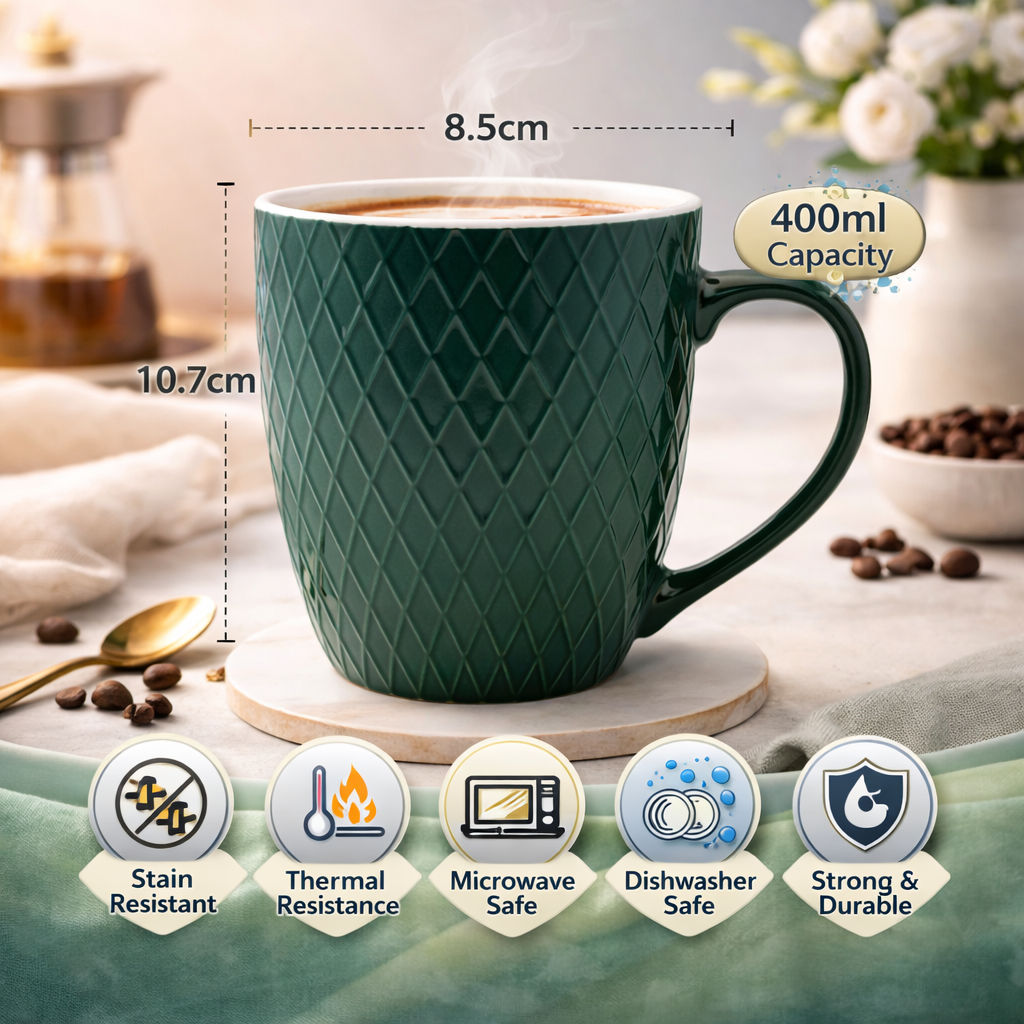 Cuire Diamond Pattern Teal Green Ceramic Coffee Mug | Mug for Him & Her | Perfect for Gifting | 400ml (Set of 1)