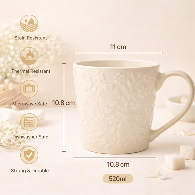 Cuire Floral Embossed White Ceramic Coffee Mug | Mug for Him & Her | Perfect for Gifting | 520ml (Set of 1)