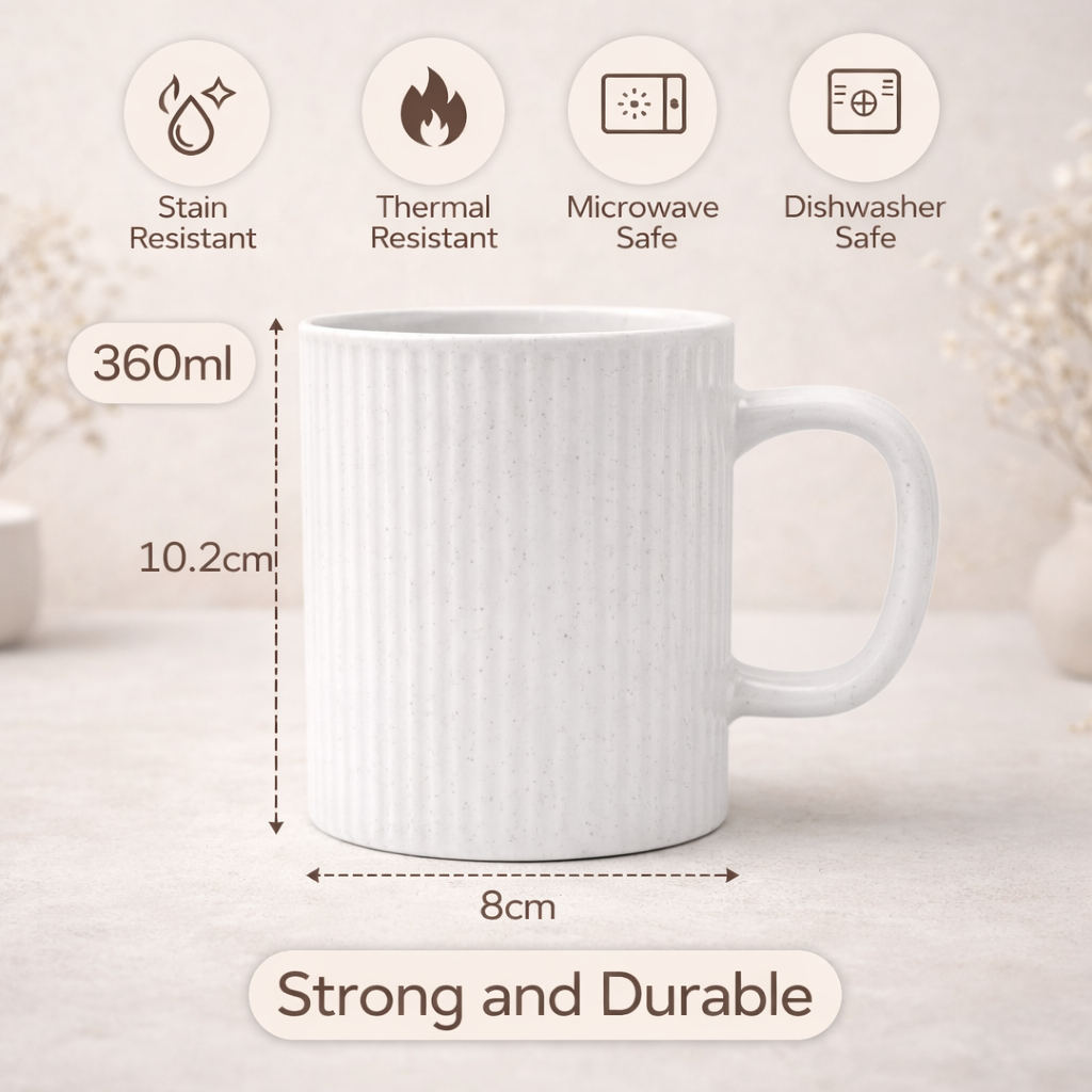 Cuire Ribbed White Ceramic Coffee Mug | Mug for Him & Her | Perfect for Gifting | 360ml (Set of 1)