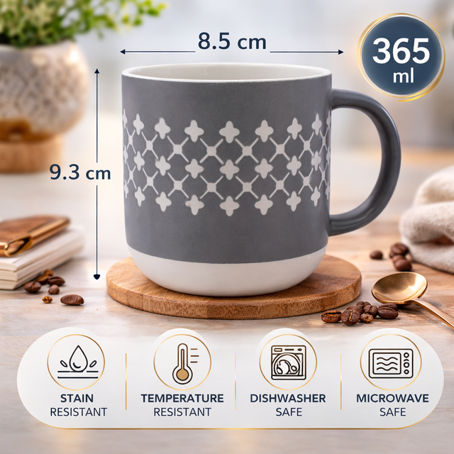 Cuire Grey Floral Ceramic Coffee Mug | Mug for Him & Her | Perfect for Gifting | 365ml (Set of 1)