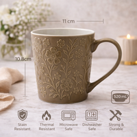 Cuire Floral Embossed Green Ceramic Coffee Mug | Mug for Him & Her | Perfect for Gifting | 520ml (Set of 1)