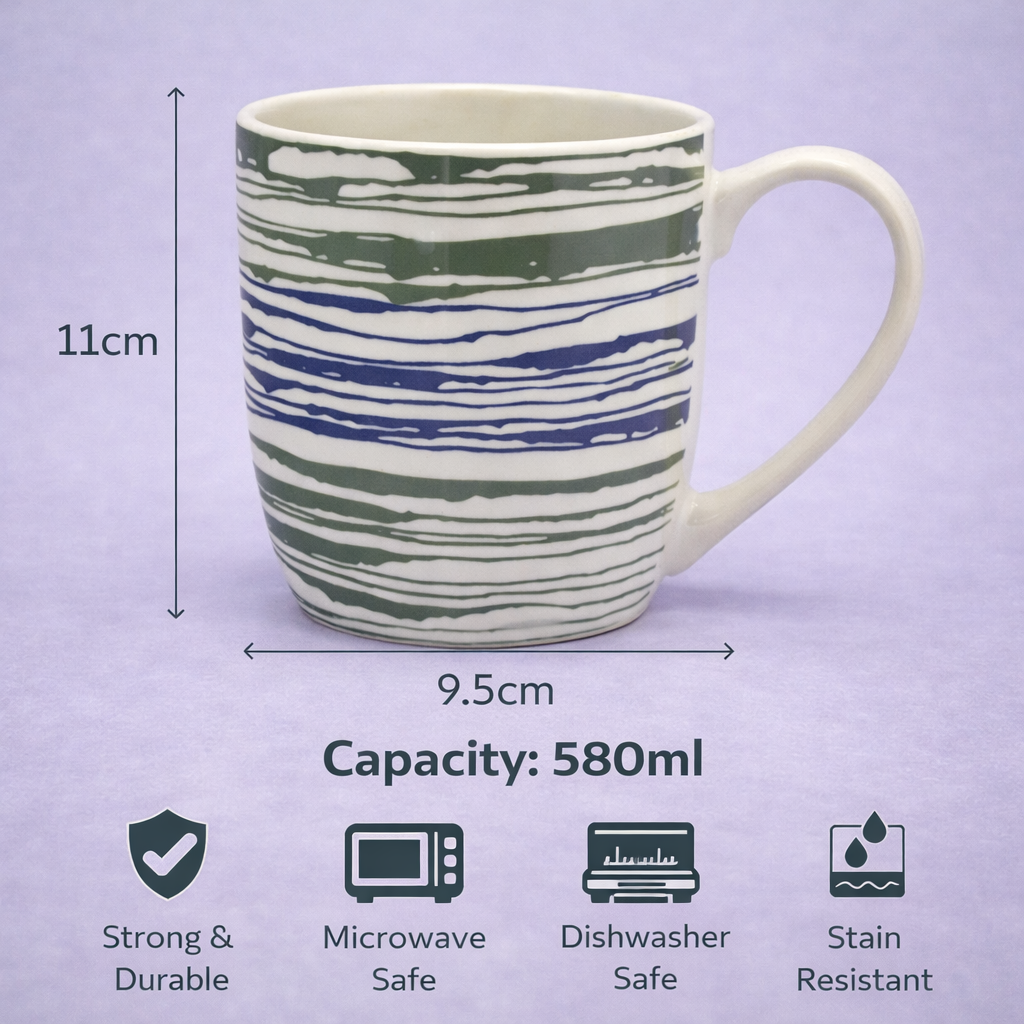 Cuire Stripped White Ceramic Coffee Mug | Mug for Him & Her | Perfect for Gifting | 580ml (Set of 1)