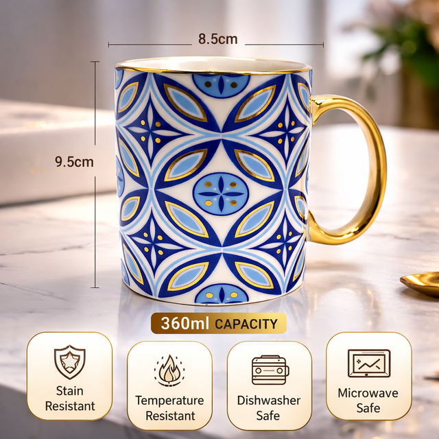 Cuire Golden Blue Floral Ceramic Coffee Mug | Mug for Him & Her | Perfect for Gifting | 360ml (Set of 1)