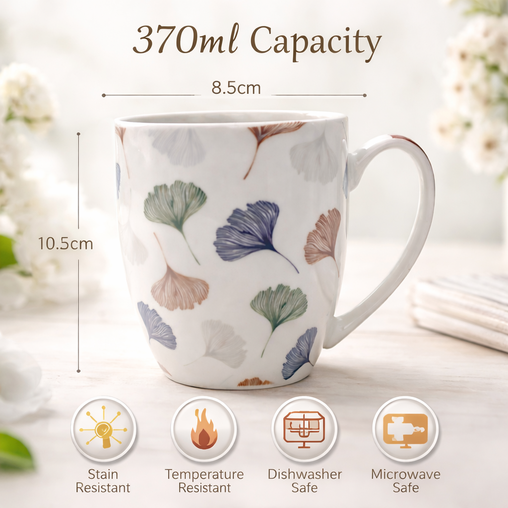 Cuire Floral Gingko Leaf Ceramic Coffee Mug | Mug for Him & Her | Perfect for Gifting | 370ml (Set of 1)