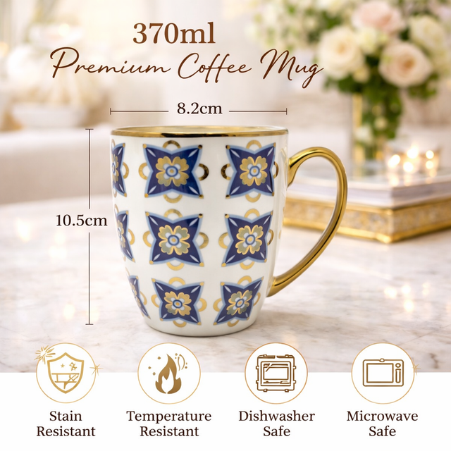 Cuire Blue and Golden Pattern Premium Coffee Mug | Mug for Him & Her | Perfect for Gifting | 370ml (Set of 1)