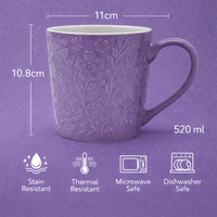 Cuire Floral Embossed Lavender Ceramic Coffee Mug | Mug for Him & Her | Perfect for Gifting | 520ml (Set of 1)