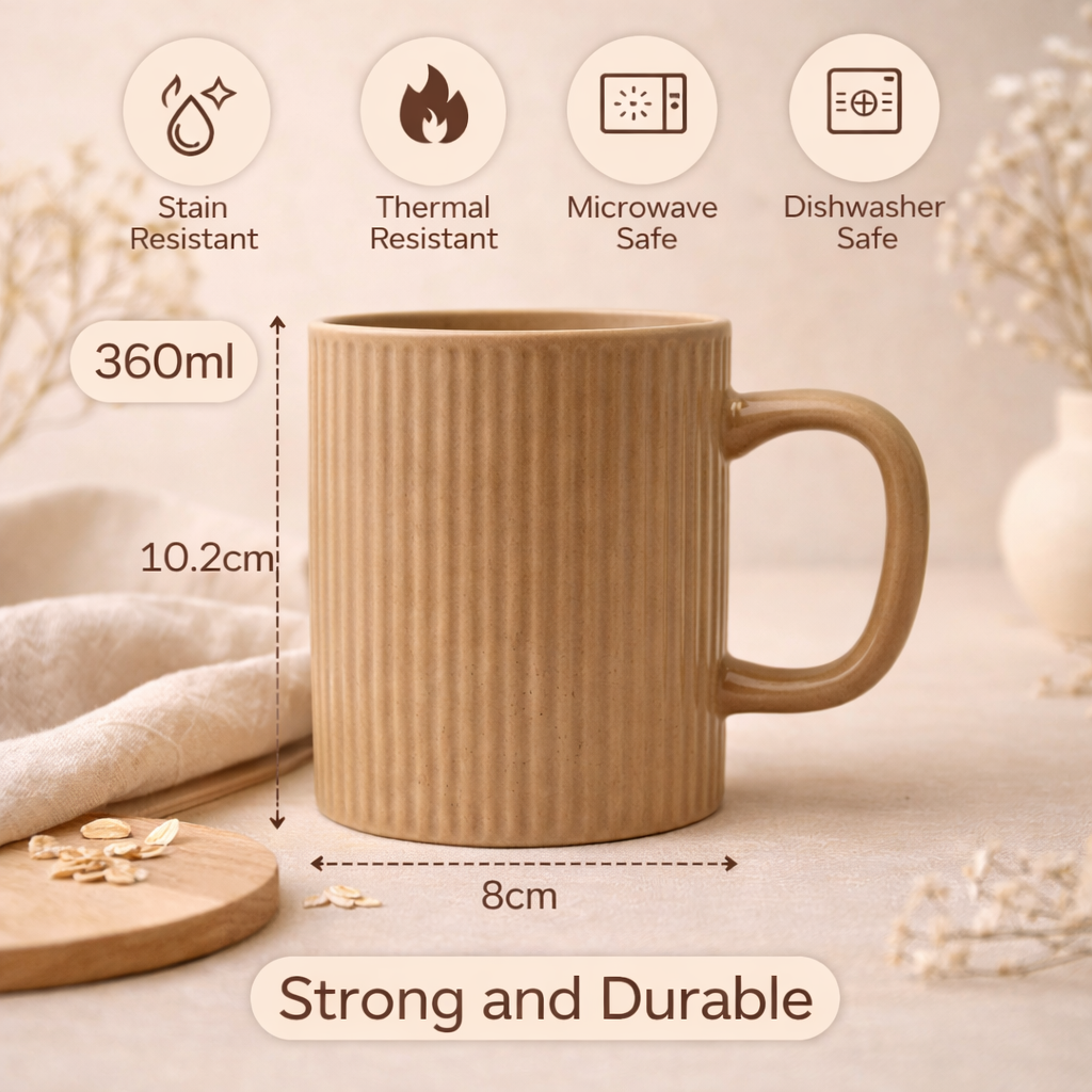 Cuire Ribbed Beige Ceramic Coffee Mug | Mug for Him & Her | Perfect for Gifting | 360ml (Set of 1)