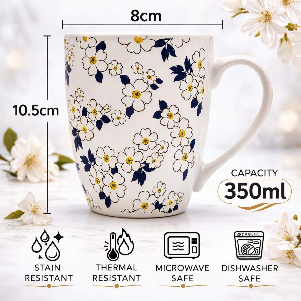 Cuire Black & White Floral Ceramic Coffee Mug | Mug for Him & Her | Perfect for Gifting | 350ml (Set of 1)