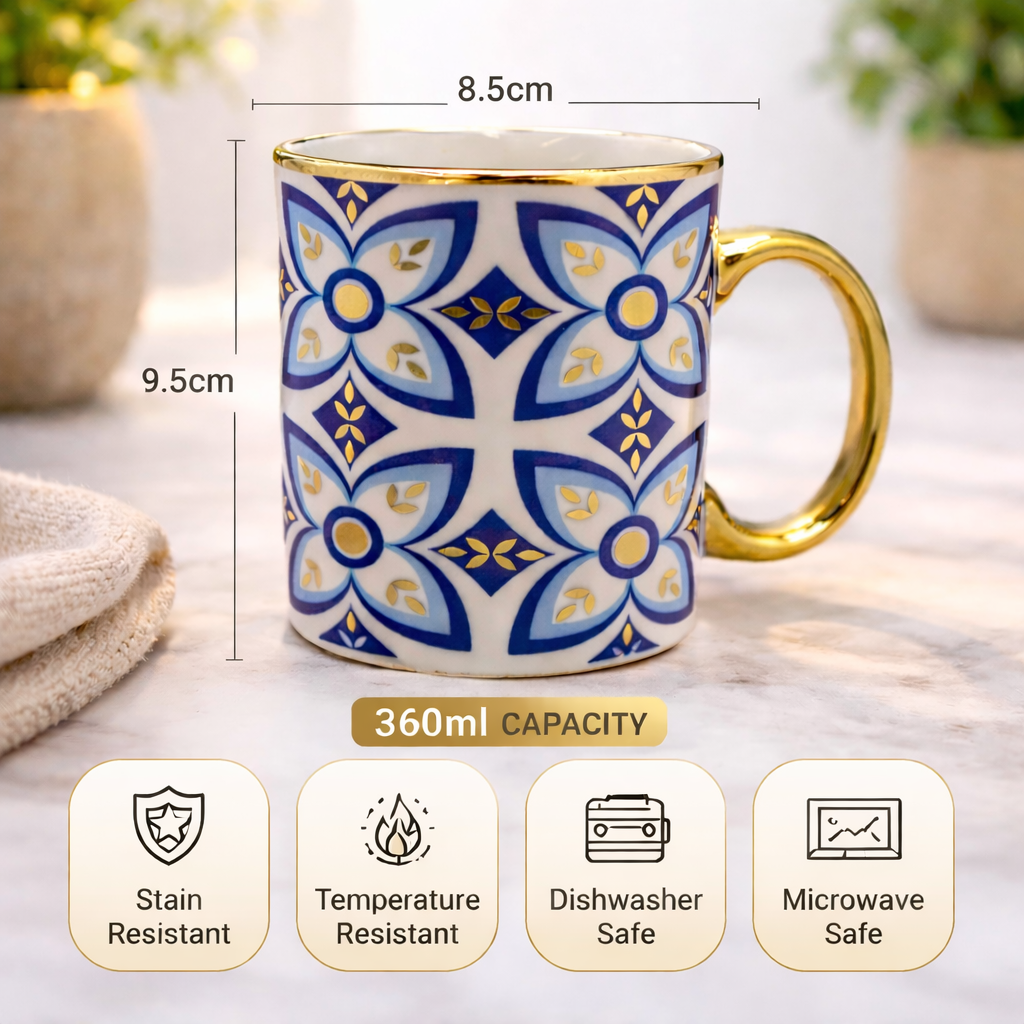 Cuire Golden Blue Floral Ceramic Coffee Mug | Mug for Him & Her | Perfect for Gifting | 360ml (Set of 1)