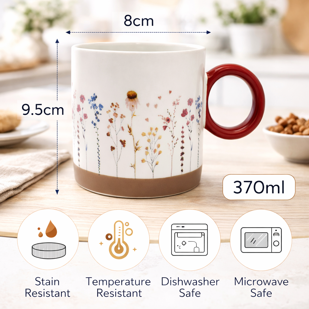 Cuire Red Wildflower Ceramic Coffee Mug | Mug for Him & Her | Perfect for Gifting | 370ml (Set of 1)