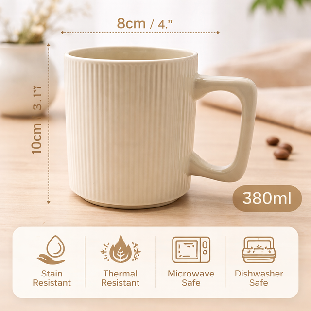 Cuire Ribbed White Ceramic Coffee Mug | Mug for Him & Her | Perfect for Gifting | 380ml (Set of 1)