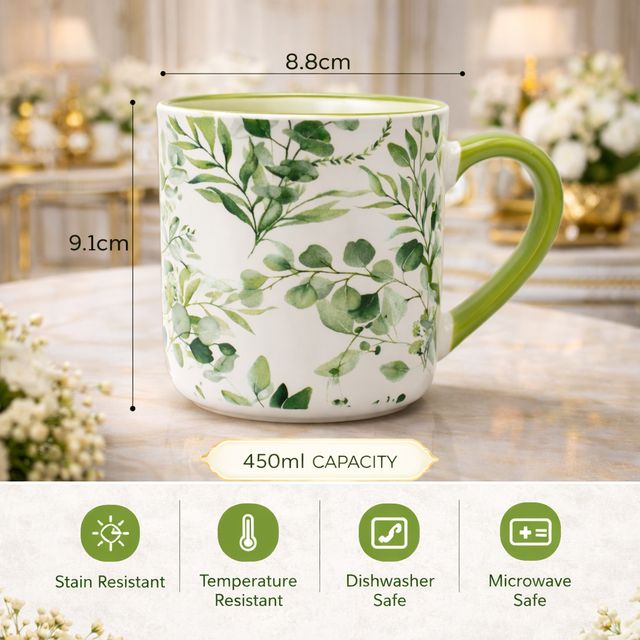 Cuire Green Floral Ceramic Coffee Mug | Mug for Him & Her | Perfect for Gifting | 450ml (Set of 1)